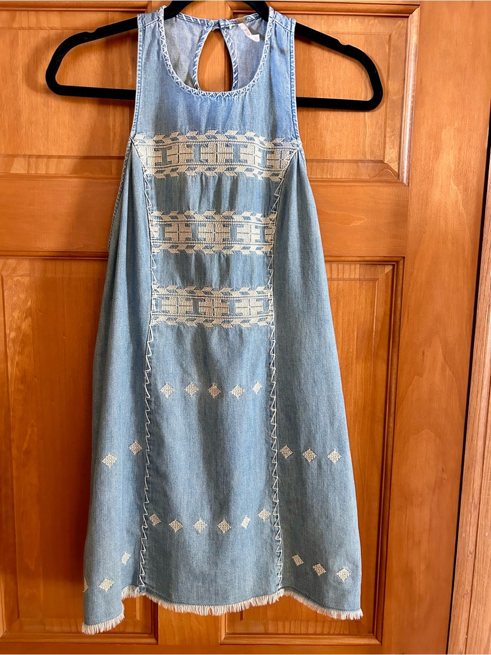 Free People Light Blue Denim Mini Dress with Cream Embroidery Accents